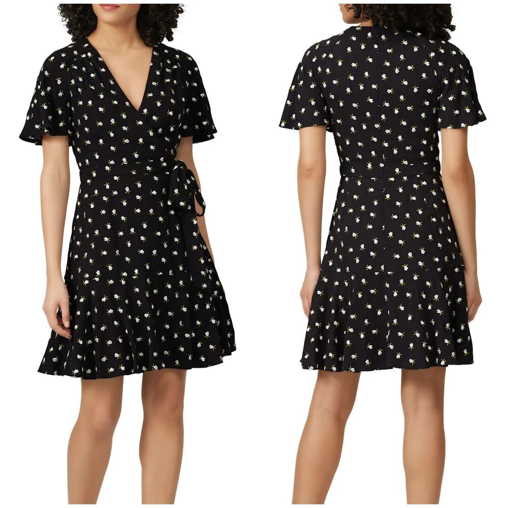 🔴Jill Stuart Womens Black Floral Short‎ Sleeve V Neck Mini Sheath Dress size 8